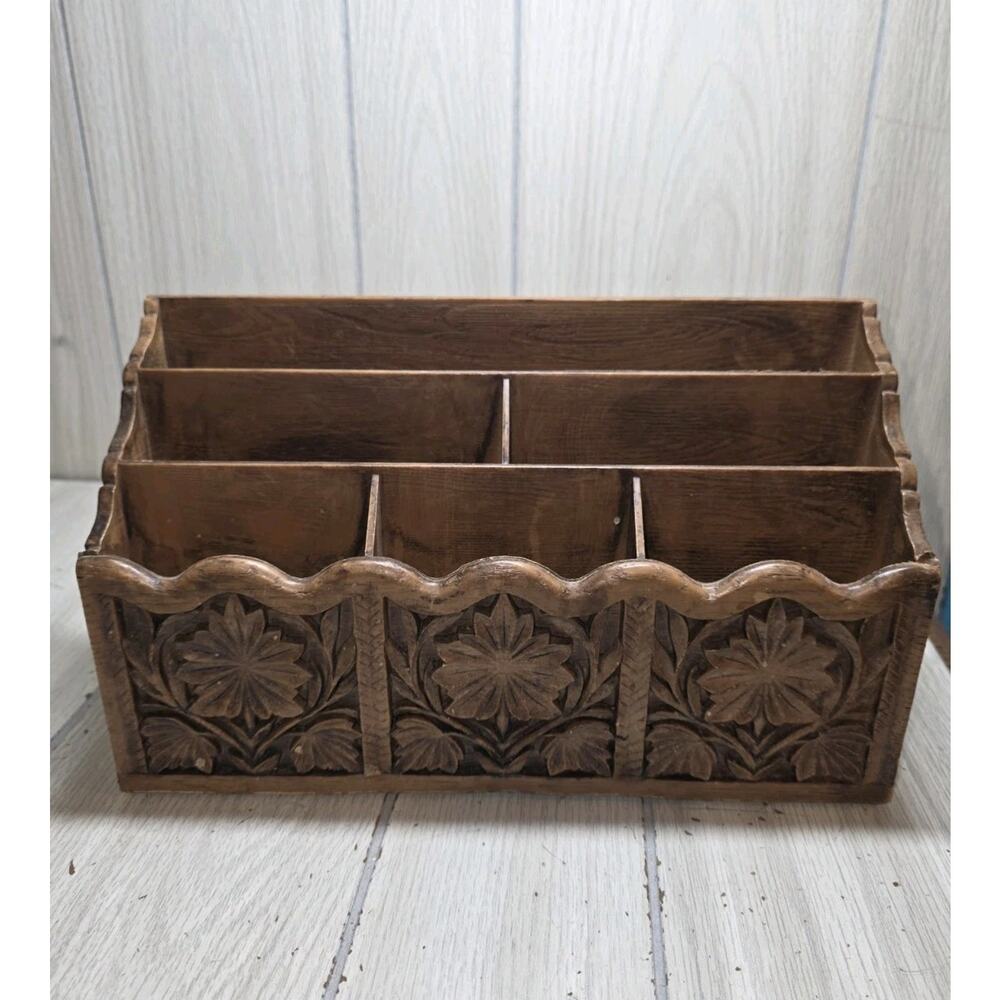 Vtg 70s LERNER Carved Faux Wood Letter Holder Mail Organizer Storage Caddy Desk